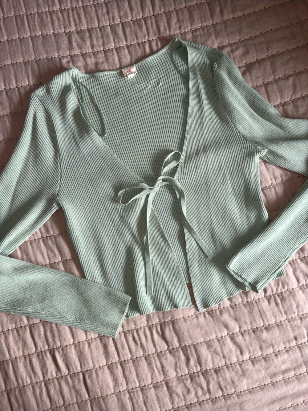 Light Mint Tie-Front Ribbed Cardigan Sweater